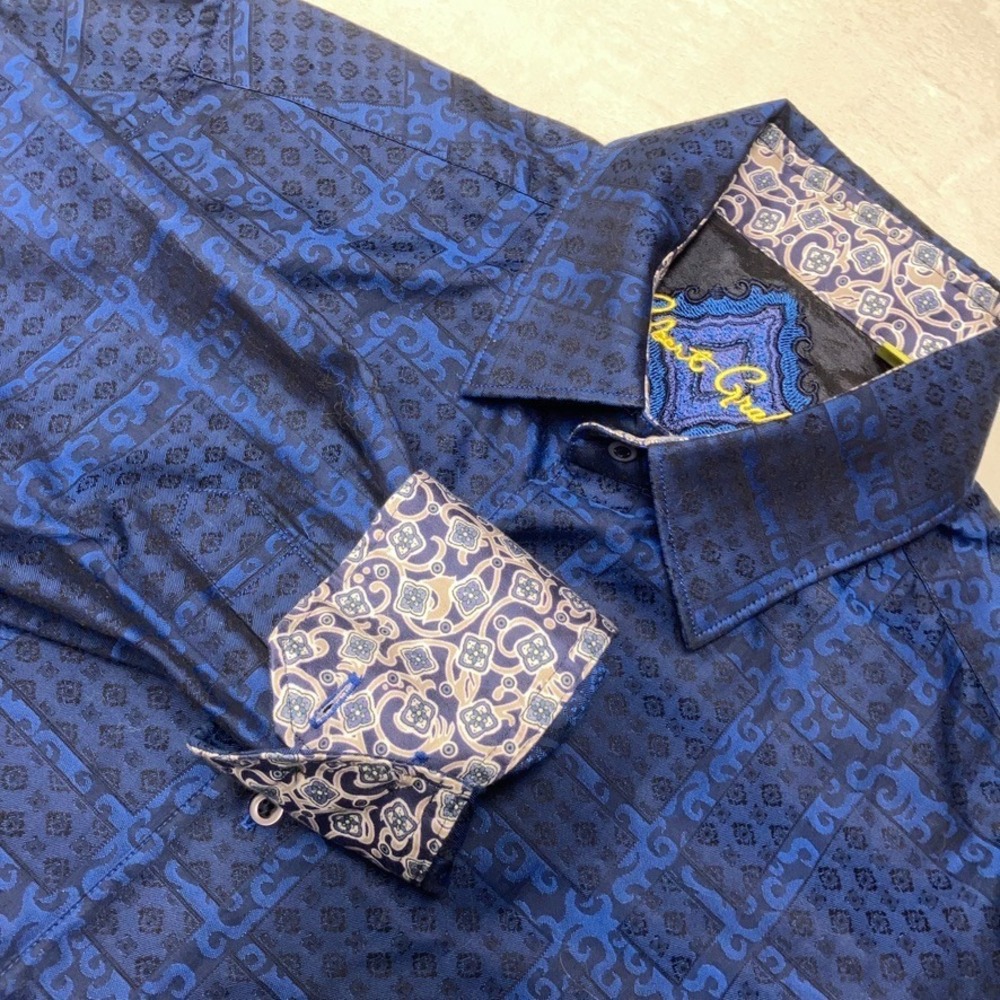Robert Graham Dress Shirt Men's M Blue Micro Geometric Print Flip Cuff Button Up